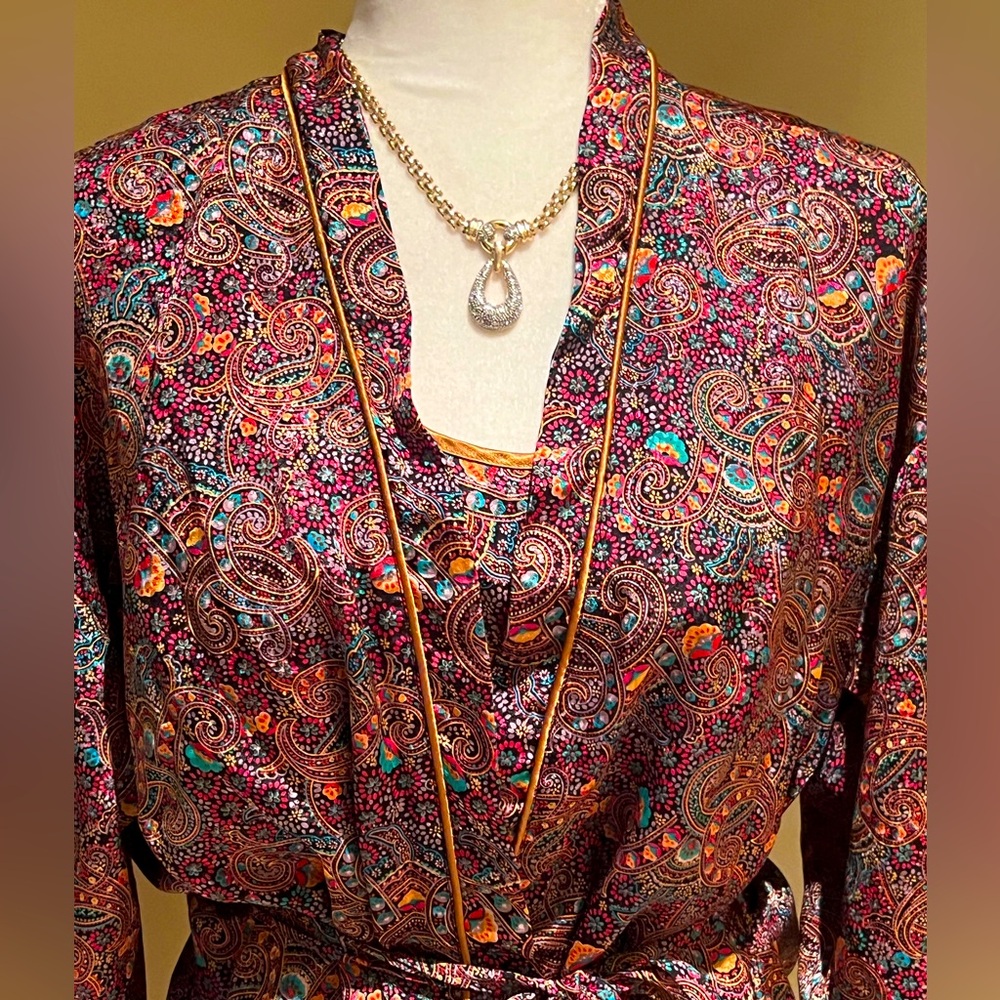 Colorful Vintage 💜💛 Floral Paisley Silky Robe Slip Nighty Set 💜💛Gold Trim Medium